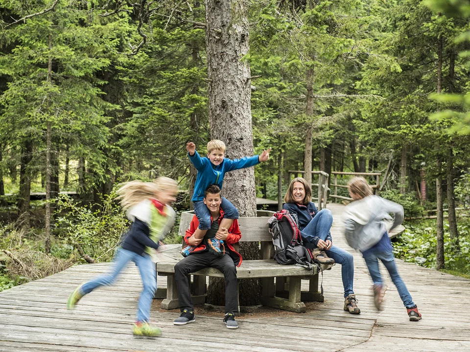 Kinder beim Spielen am Moorlehrpfad auf der Teichalm