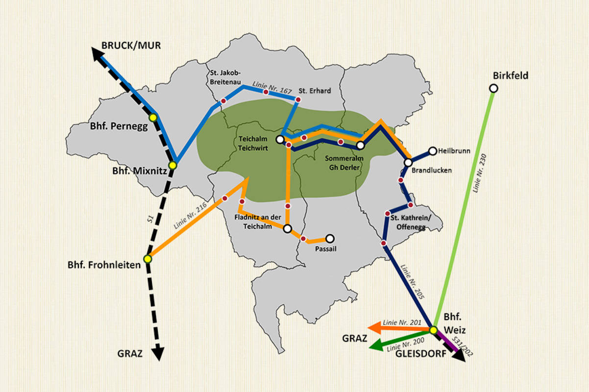 Verkehrsnetz vom RegioBus in den Naturpark Almenland