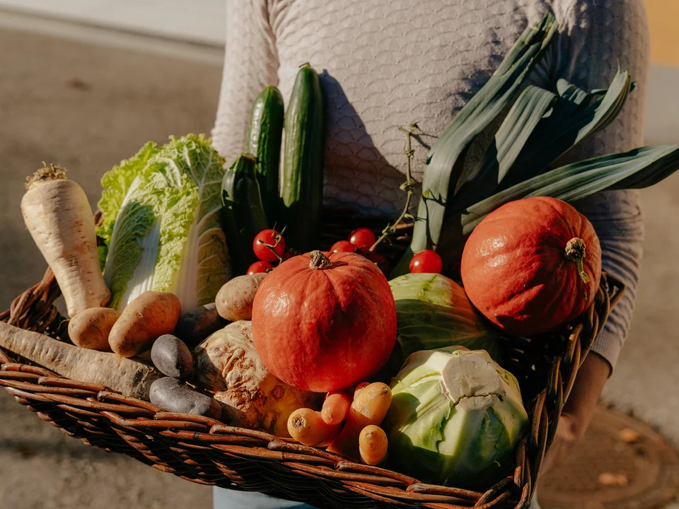 Ein bunt gefüllter Gemüsekorb im Herbst.