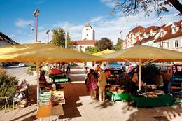 Der Weizer Bauernmarkt mit der Tabor Kirche