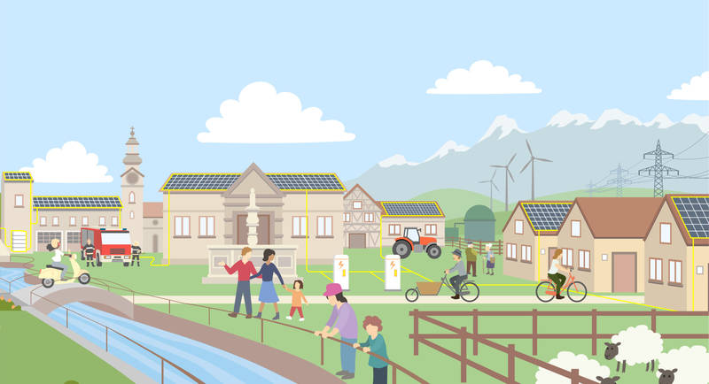 Energiegemeinschaften Illustration im ländlichen Raum
